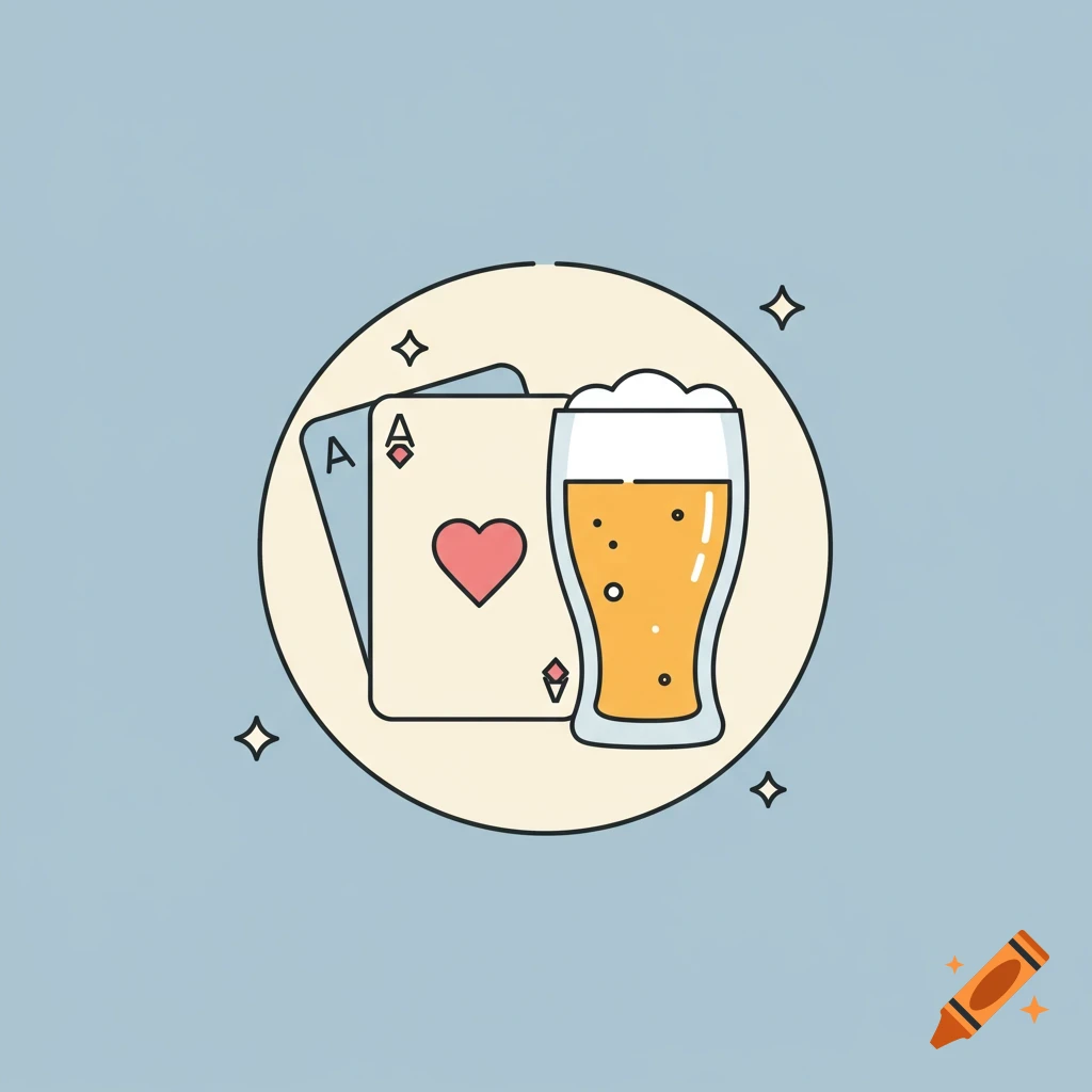 Minimalist illustration of an ace playing card and a glass of beer inside a circle on a pastel blue background.