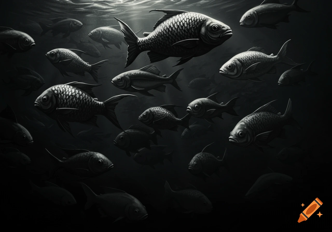 A school of fish swims through dark water in a monochrome style.