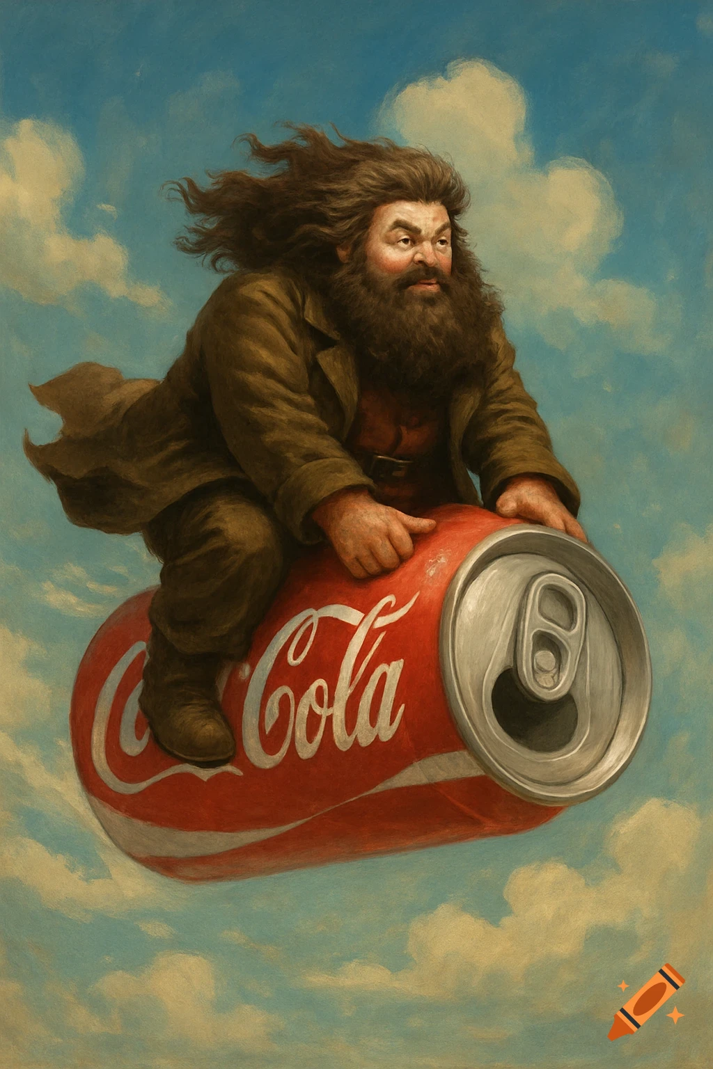Hagrid, a large man with a long beard and brown coat, flies through a blue sky on an oversized red Coca-Cola can in a painterly style.