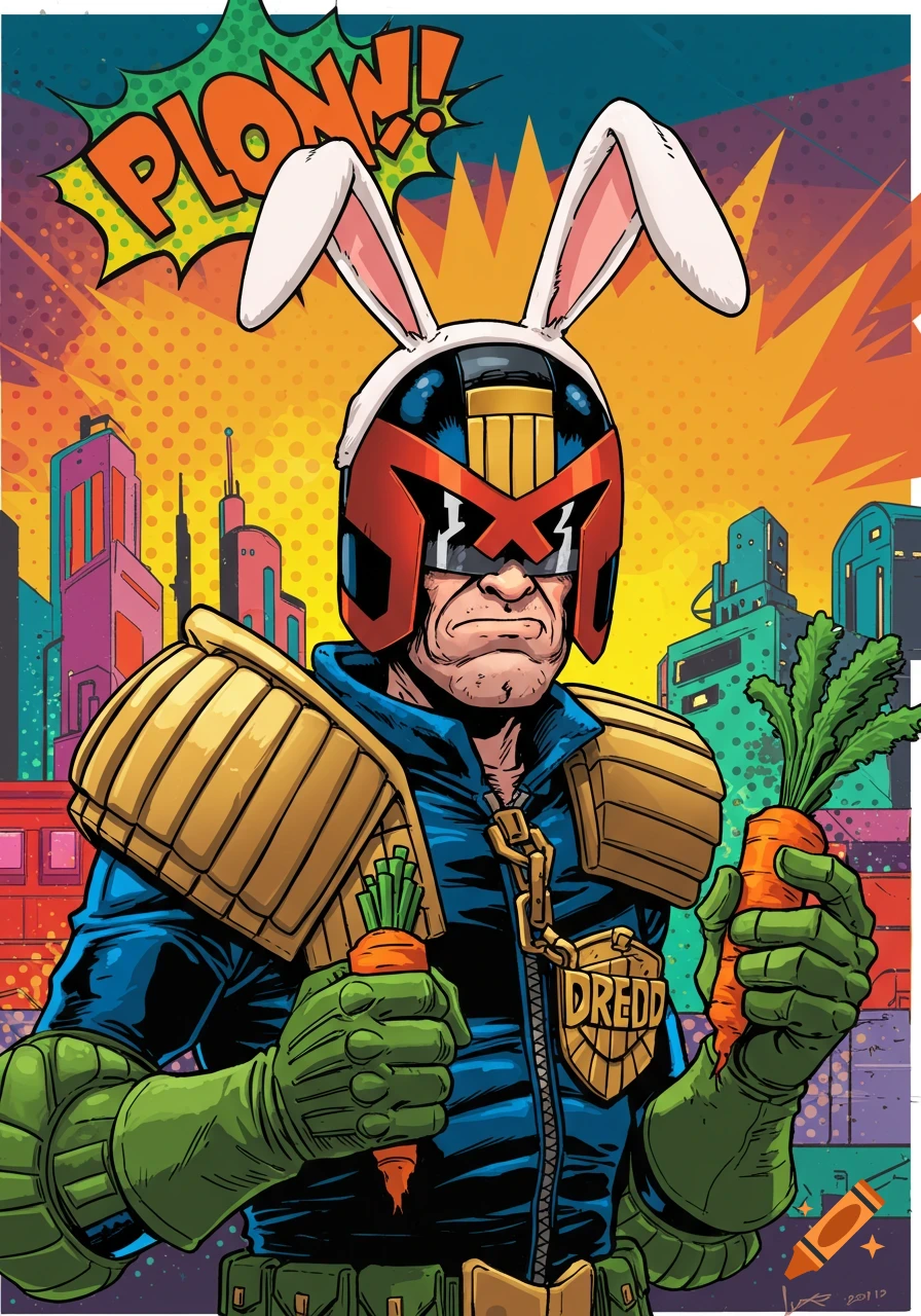 Judge Dredd wearing bunny ears, holding carrots, in a vibrant pop art comic style with a city background.