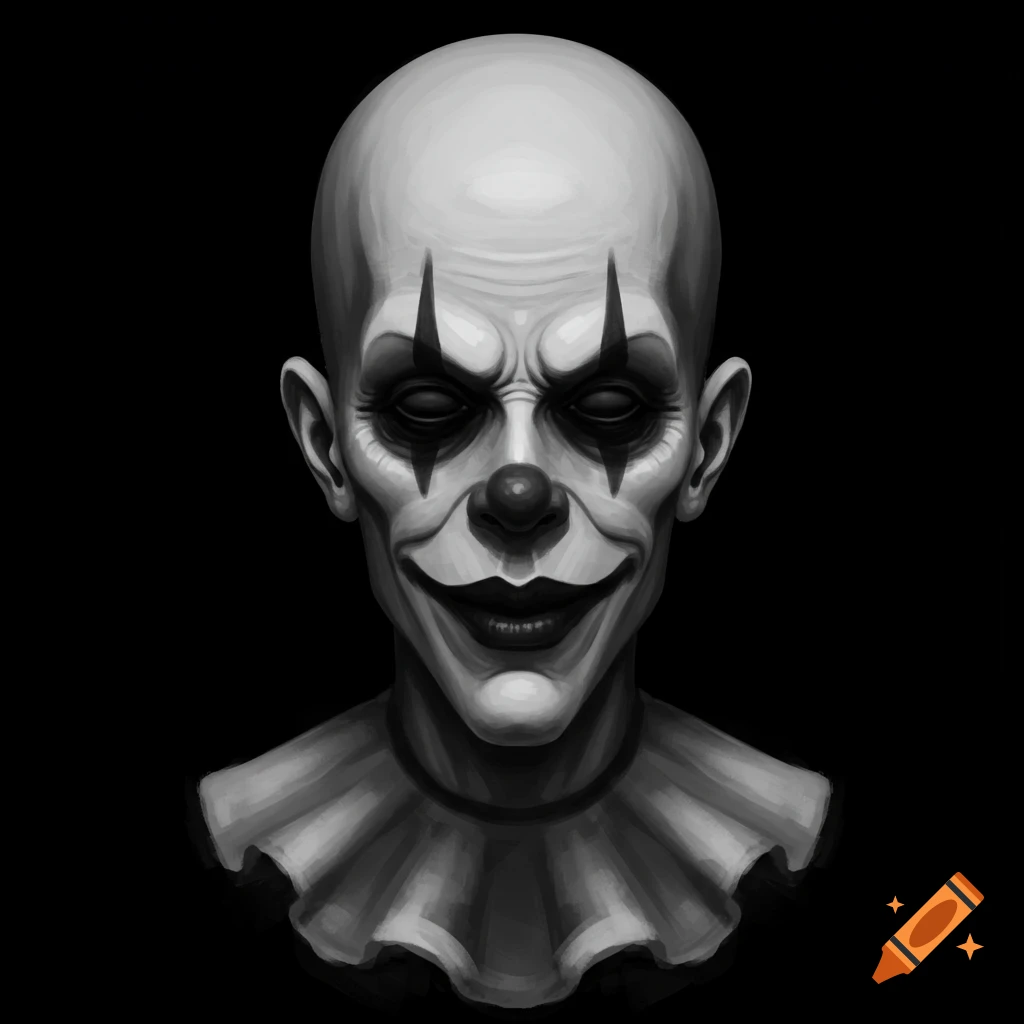 A monochrome, uncanny bald clown bust with an elongated jaw, blacked-out eyes, and a ruffled collar on a black background. Digital art style.