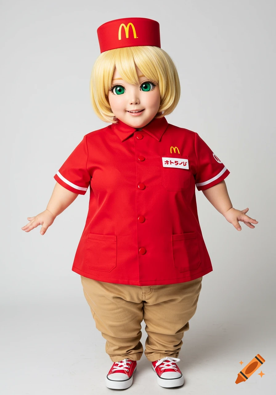 Photorealistic image of a chubby blonde anime girl in a red McDonald's uniform with a hat, tan pants, and red sneakers.