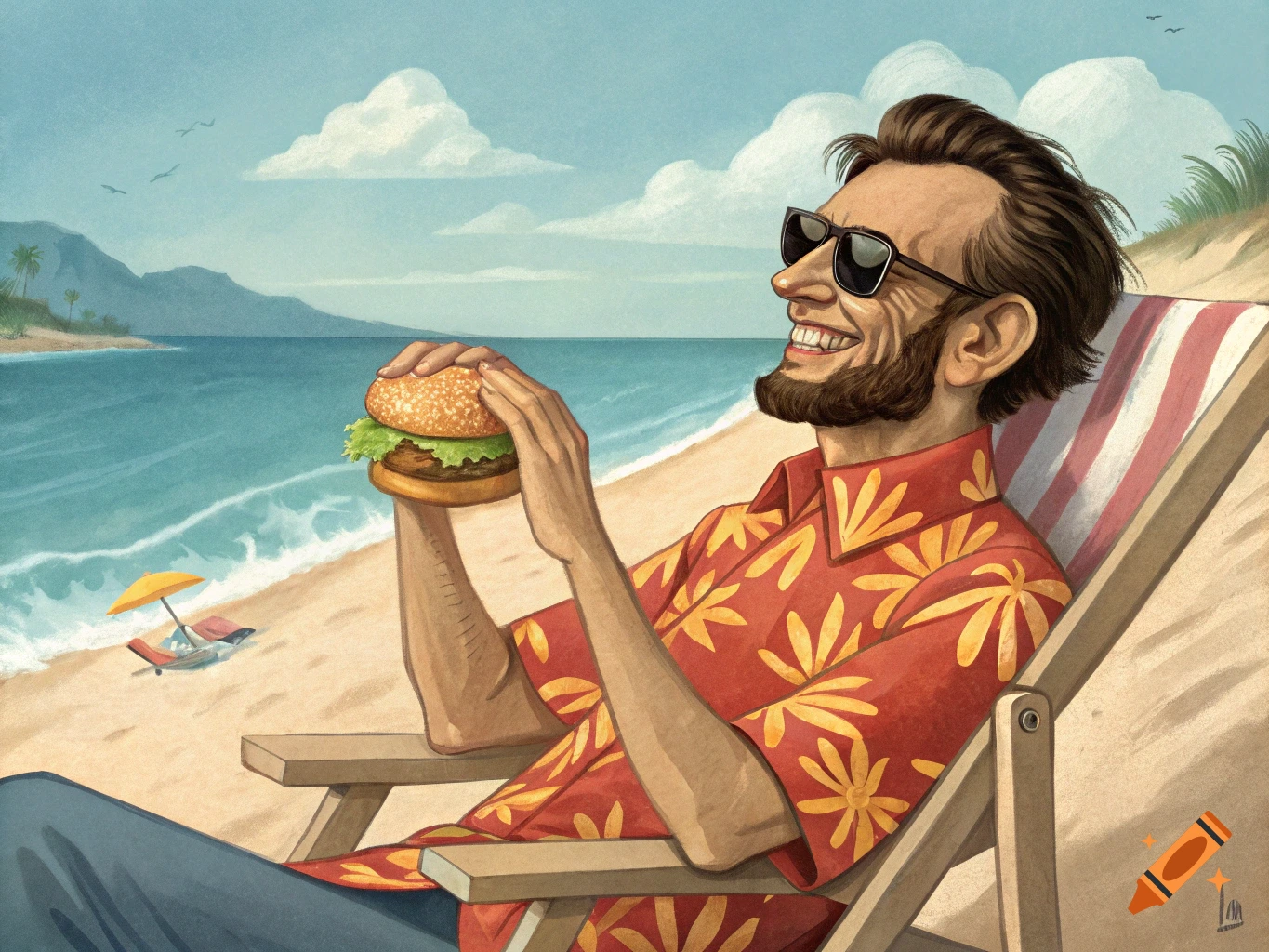 Abraham Lincoln in sunglasses and a Hawaiian shirt on a beach, smiling and holding a hamburger.