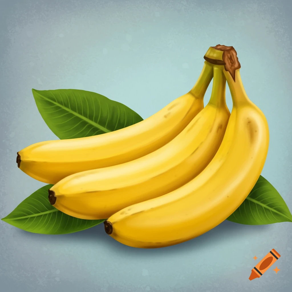 Three ripe yellow bananas with green leaves on a textured light blue background, illustrated.
