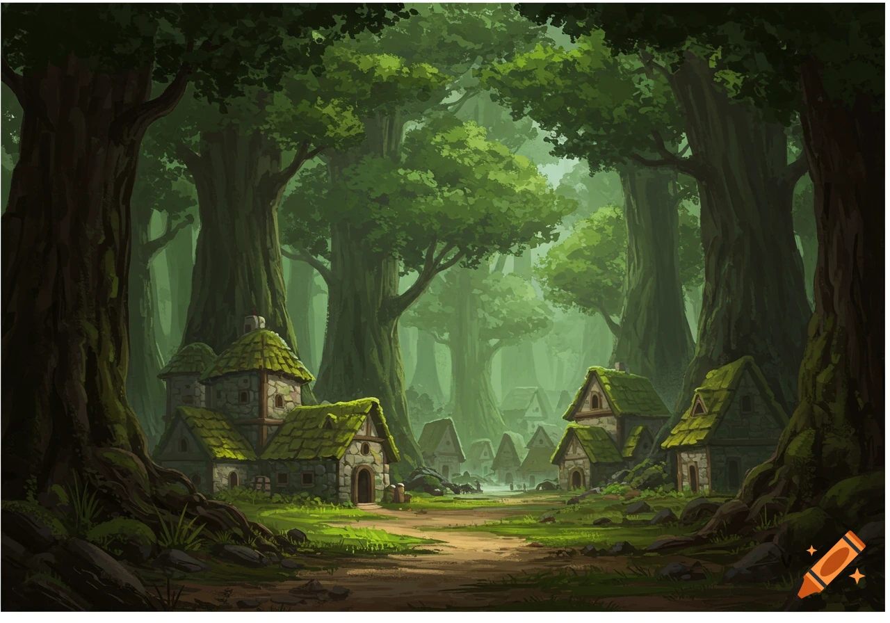 A lush, green forest with towering trees frames a hidden village of stone and moss-covered houses along a dirt path, in a painted style.