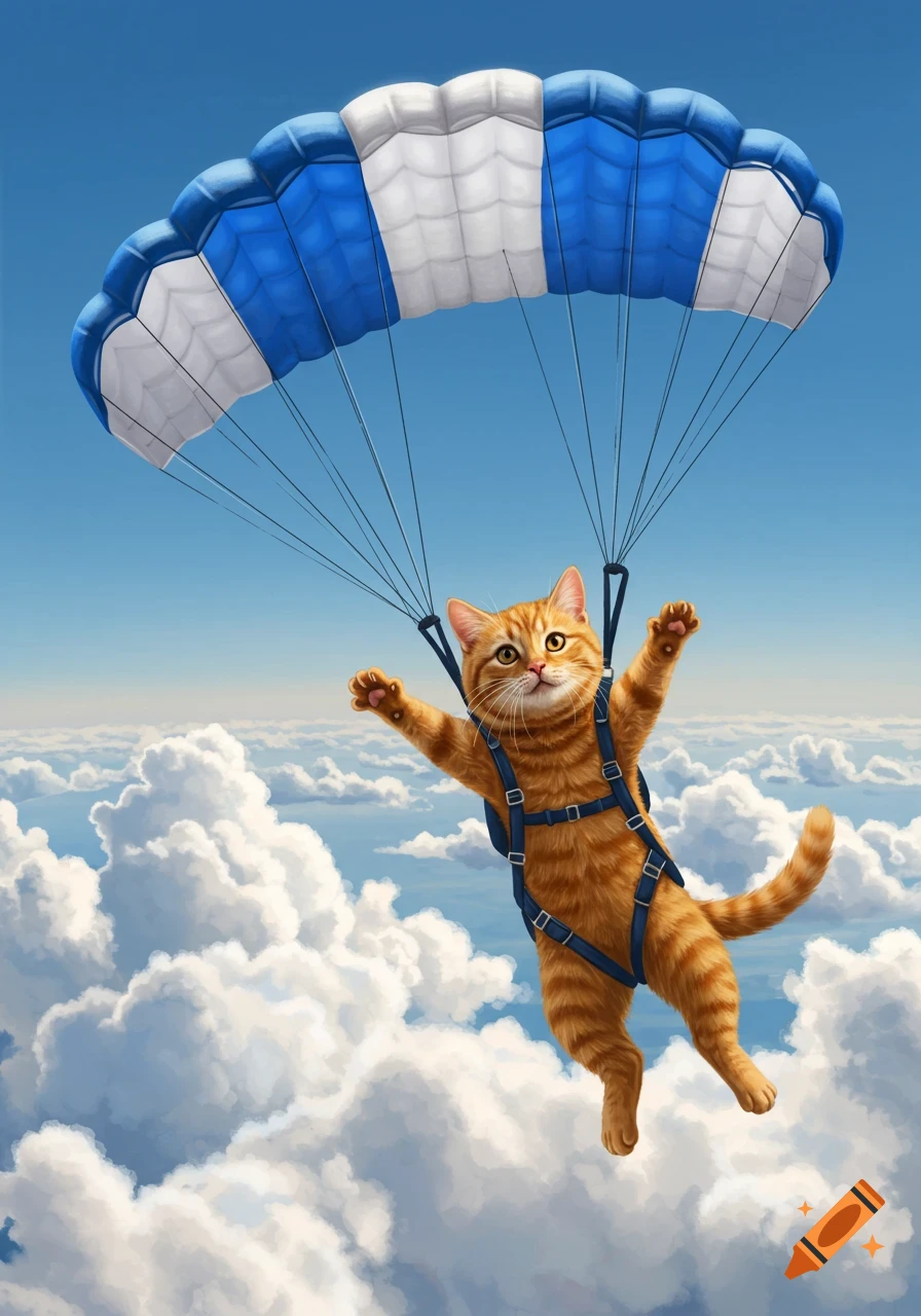 An orange cat in a blue harness skydives with a blue and white parachute above fluffy white clouds.