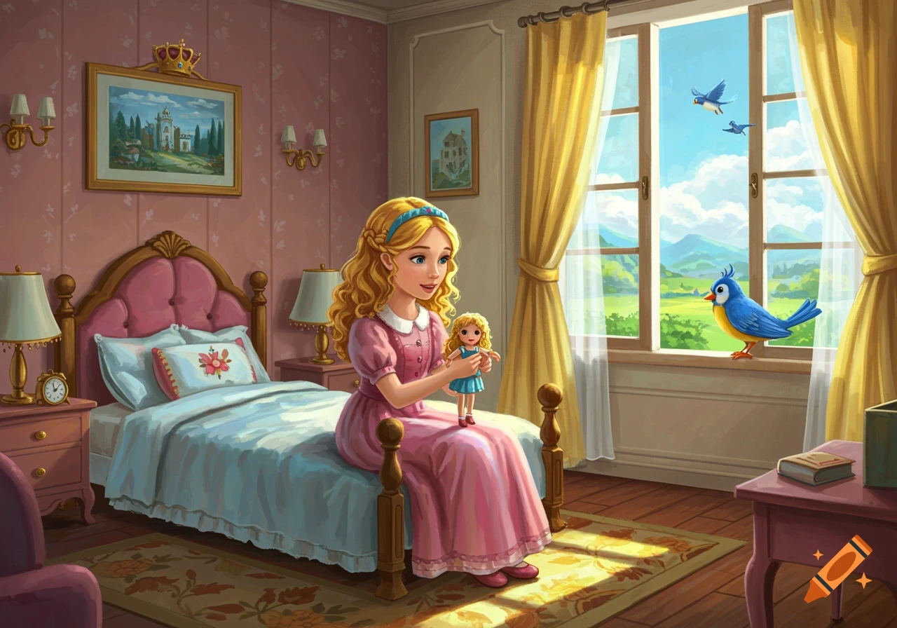 A blonde girl in a pink dress sits on her bed, playing with a doll, in a royal bedroom with a blue bird on the windowsill and a sunny view outside.