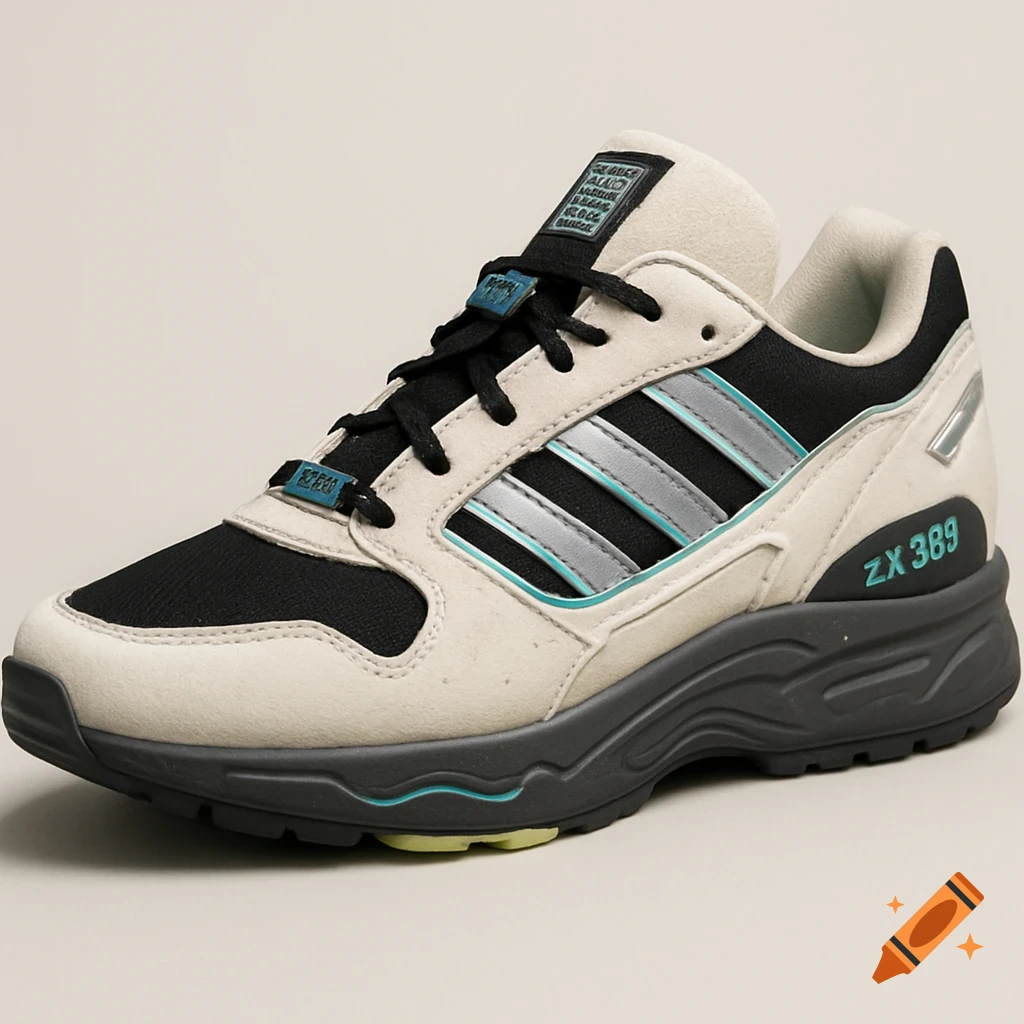 A photorealistic image of a single beige, black, and teal sneaker with a dark sole and textured design.