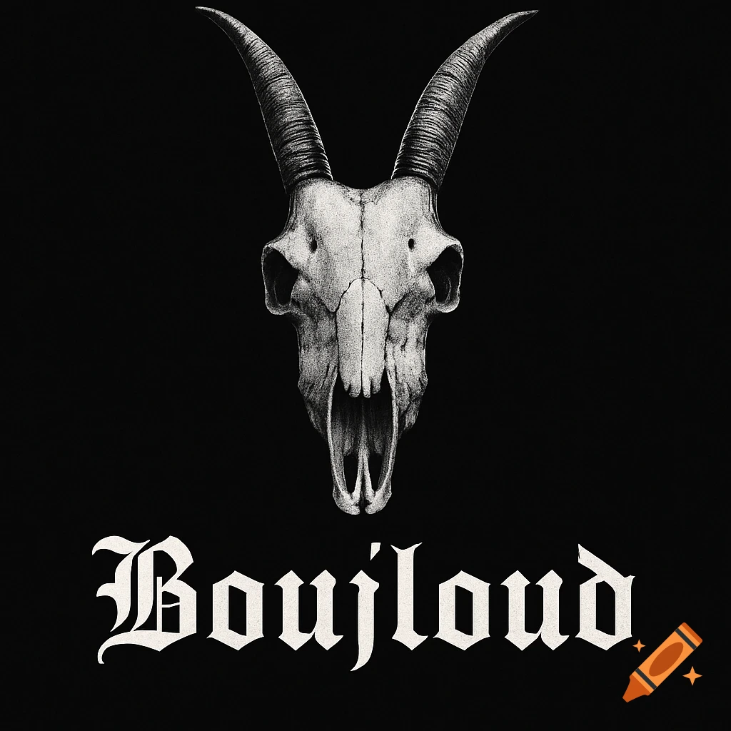 A black and white illustration of a goat skull centered on a black background, with the word 'Boujloud' in an Old English font below it.