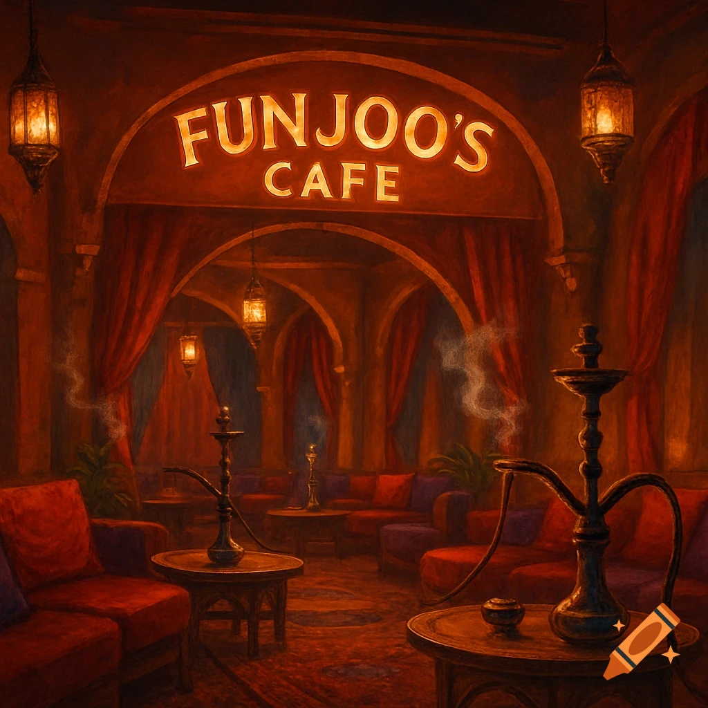 Dimly lit interior of Funjoo's Cafe, a shisha lounge with red seating, multiple hookahs, and hanging lanterns, in a painterly style.