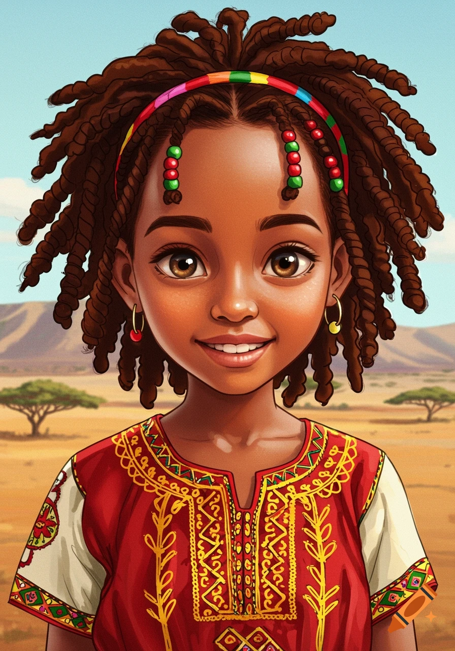 Smiling young African girl with dreadlocks and beads in a traditional red and gold dress, set against a sunny savanna.