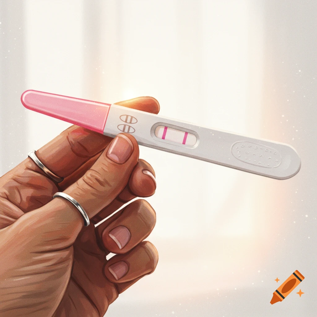 A hand holds a white and pink pregnancy test showing two clear pink lines, indicating a positive result. The image is an illustration.
