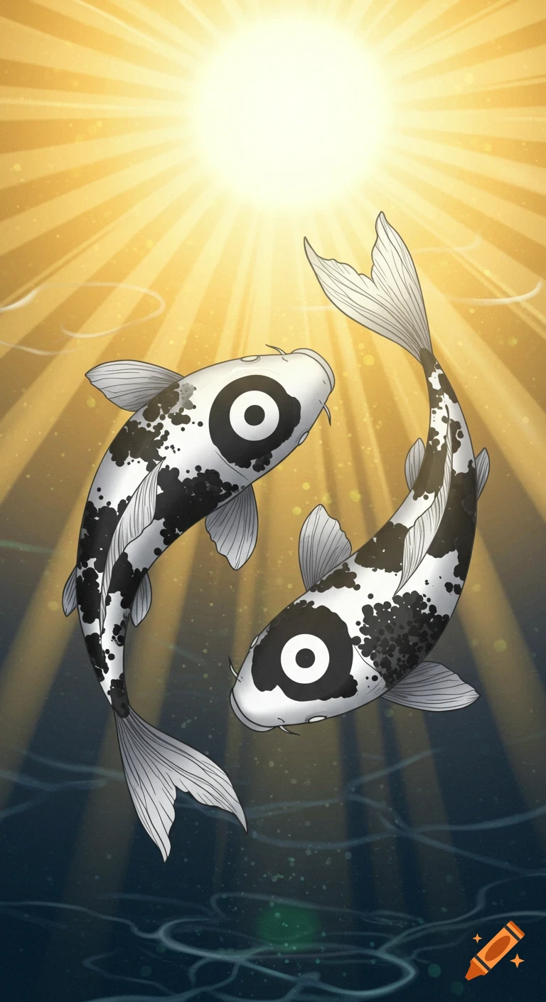 Two black and white koi fish form a yin-yang symbol, swimming towards a bright sun in an underwater illustration.
