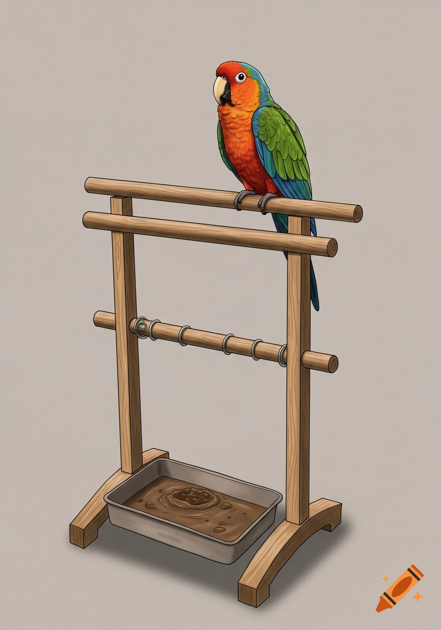 A vibrant parrot stands on a wooden bird perch with a waste tray at its base.