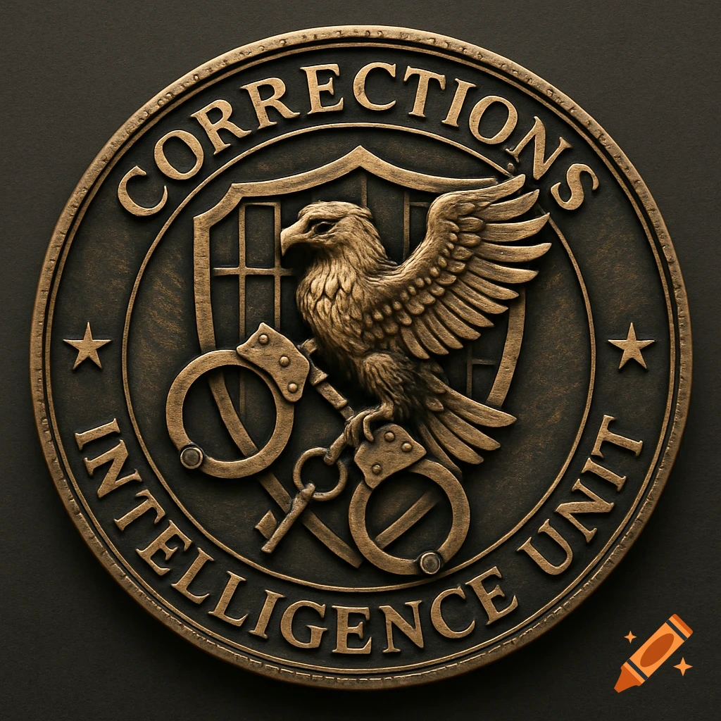 A bronze-toned challenge coin with an eagle, shield, handcuffs, and key, bearing the text "CORRECTIONS INTELLIGENCE UNIT".