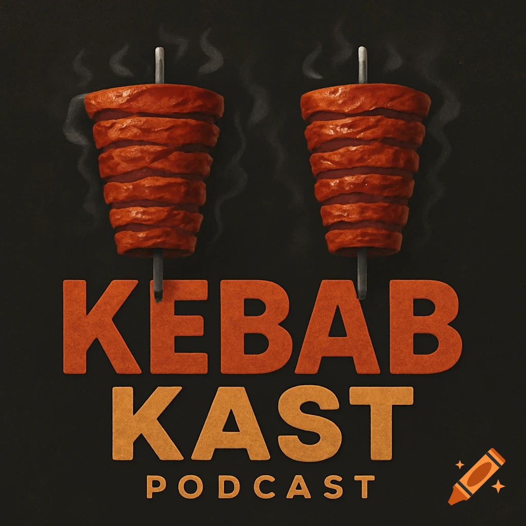Logo for 'Kebab Kast Podcast' featuring two steaming vertical doner kebab skewers and bold orange text on a dark background.