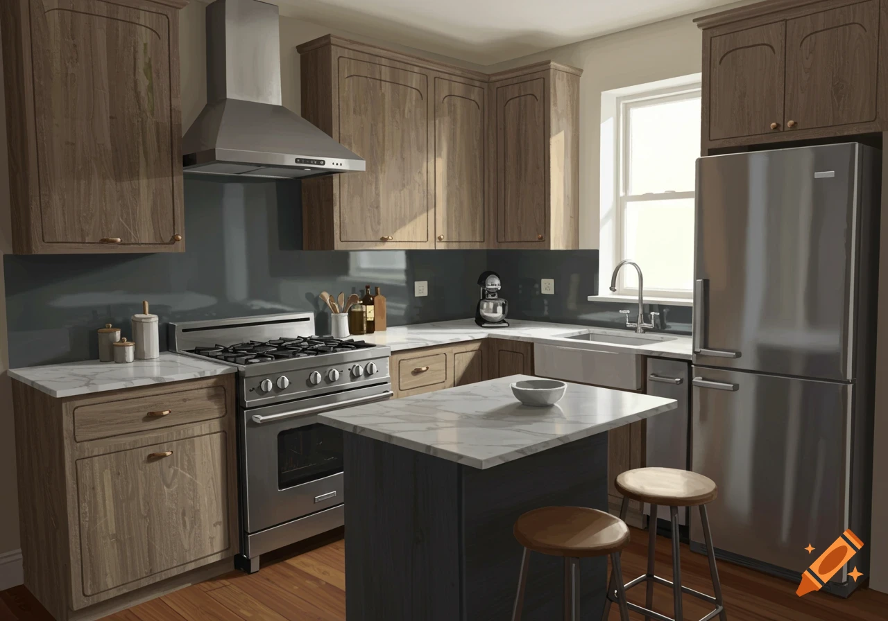Modern kitchen with wooden cabinets, marble countertops, stainless steel appliances, and a central island.