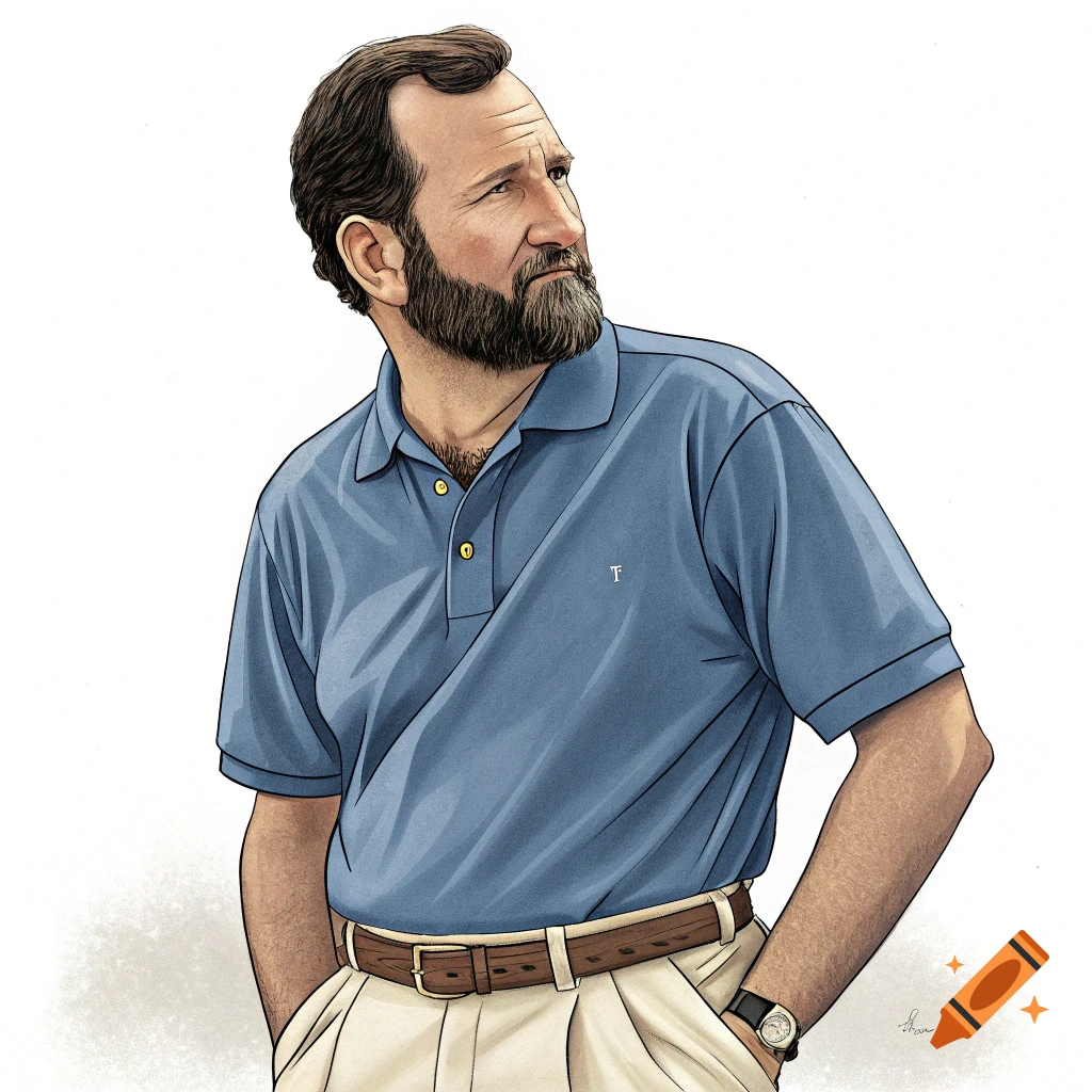 An illustration of a bearded man in a blue polo shirt and light-colored pants looking to the side.