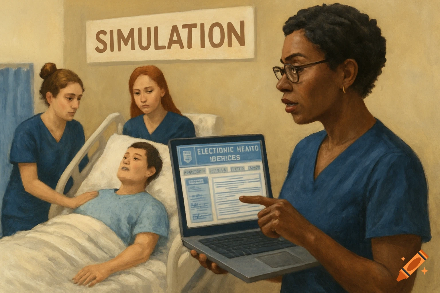 A nursing instructor points at a laptop to two nursing students gathered around a patient in a hospital room simulation, digital painting.