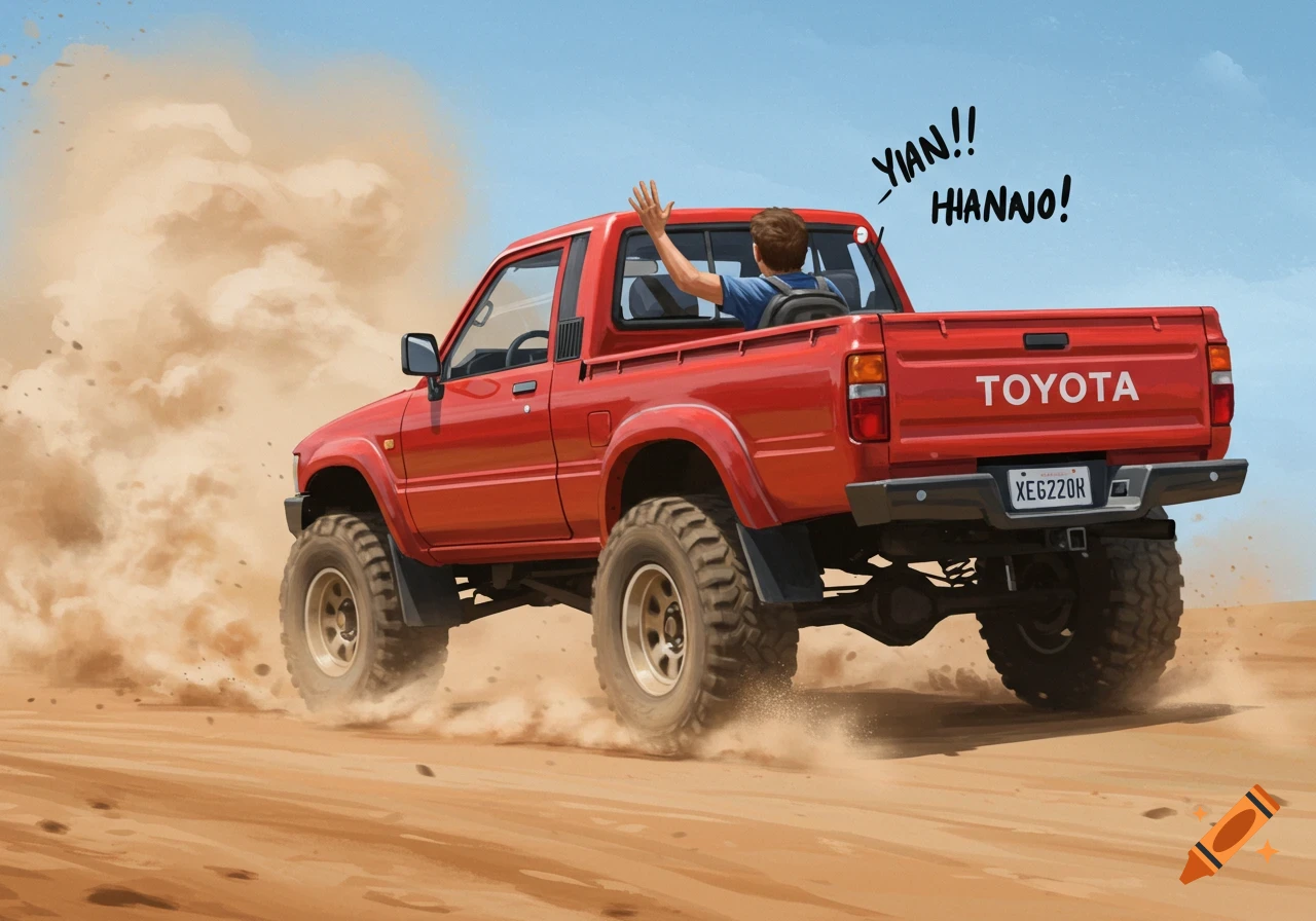 A red Toyota pickup truck kicks up dust while driving through a desert, with a person waving from the back window. Illustrated.