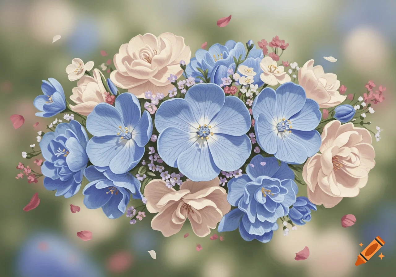 A vibrant bouquet of light blue, dusty pink, and cream-colored flowers with scattered petals against a soft, blurred green background.