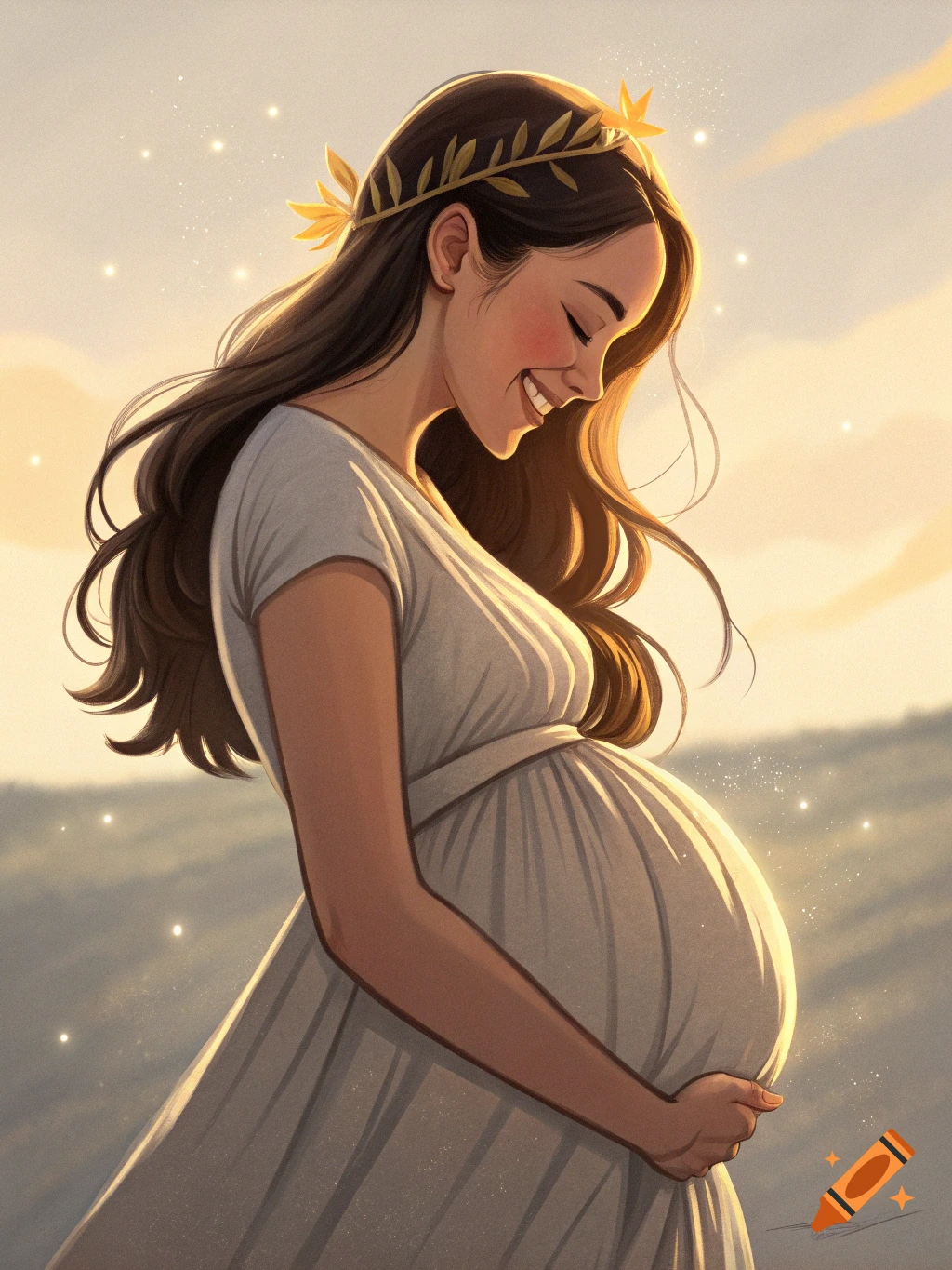A stylized illustration of a smiling pregnant woman in a white dress and a laurel wreath, cradling her belly in golden outdoor light.