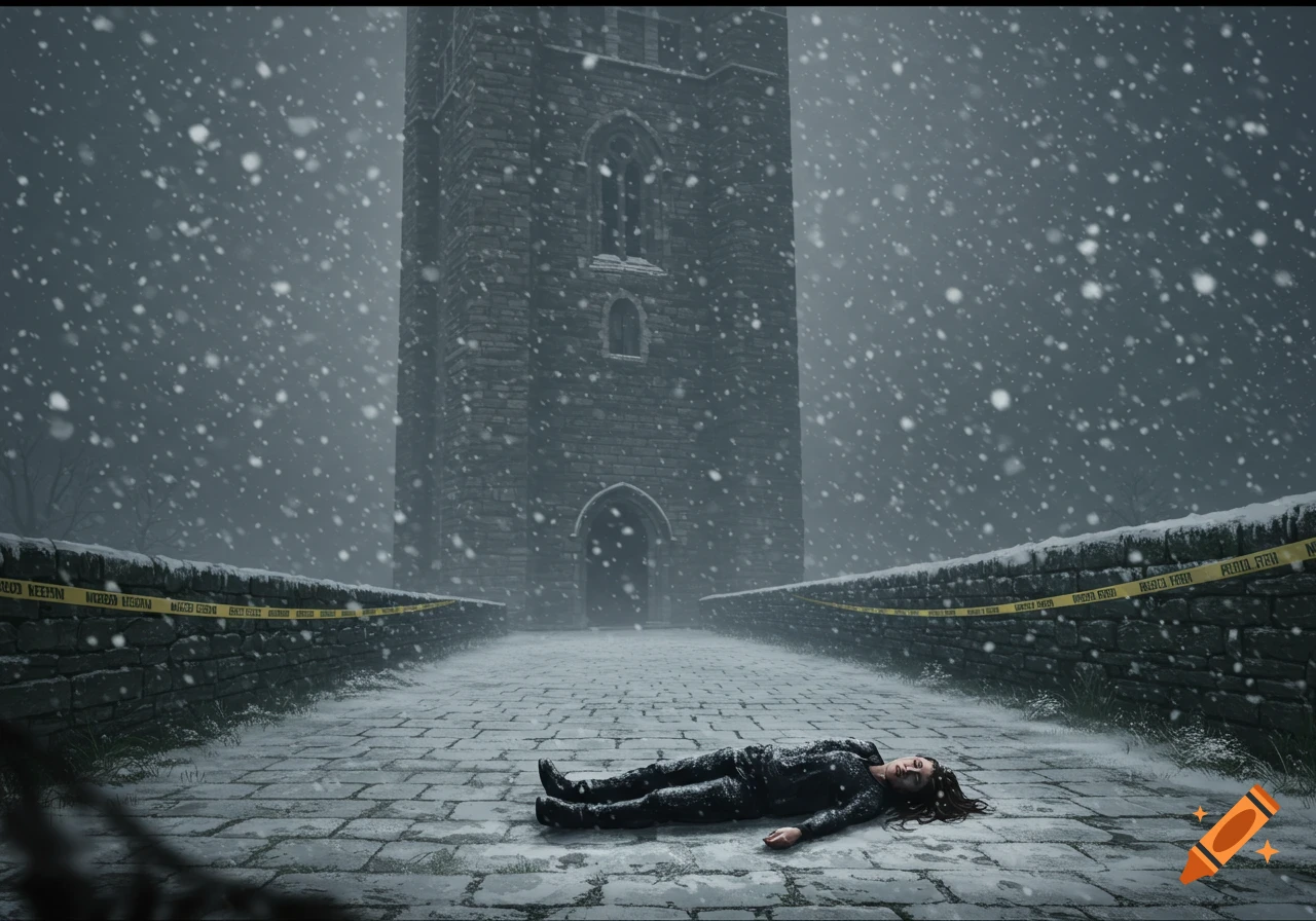 A somber, photorealistic crime scene with a dead woman on a snowy path, yellow tape, and a stone tower in falling snow.