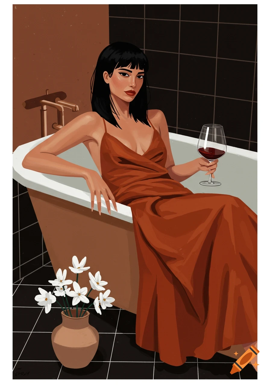 An illustrative portrait of a woman with black hair in a terra-cotta dress, sitting in a bathtub, holding a glass of red wine. A vase of white flowers sits on the floor.