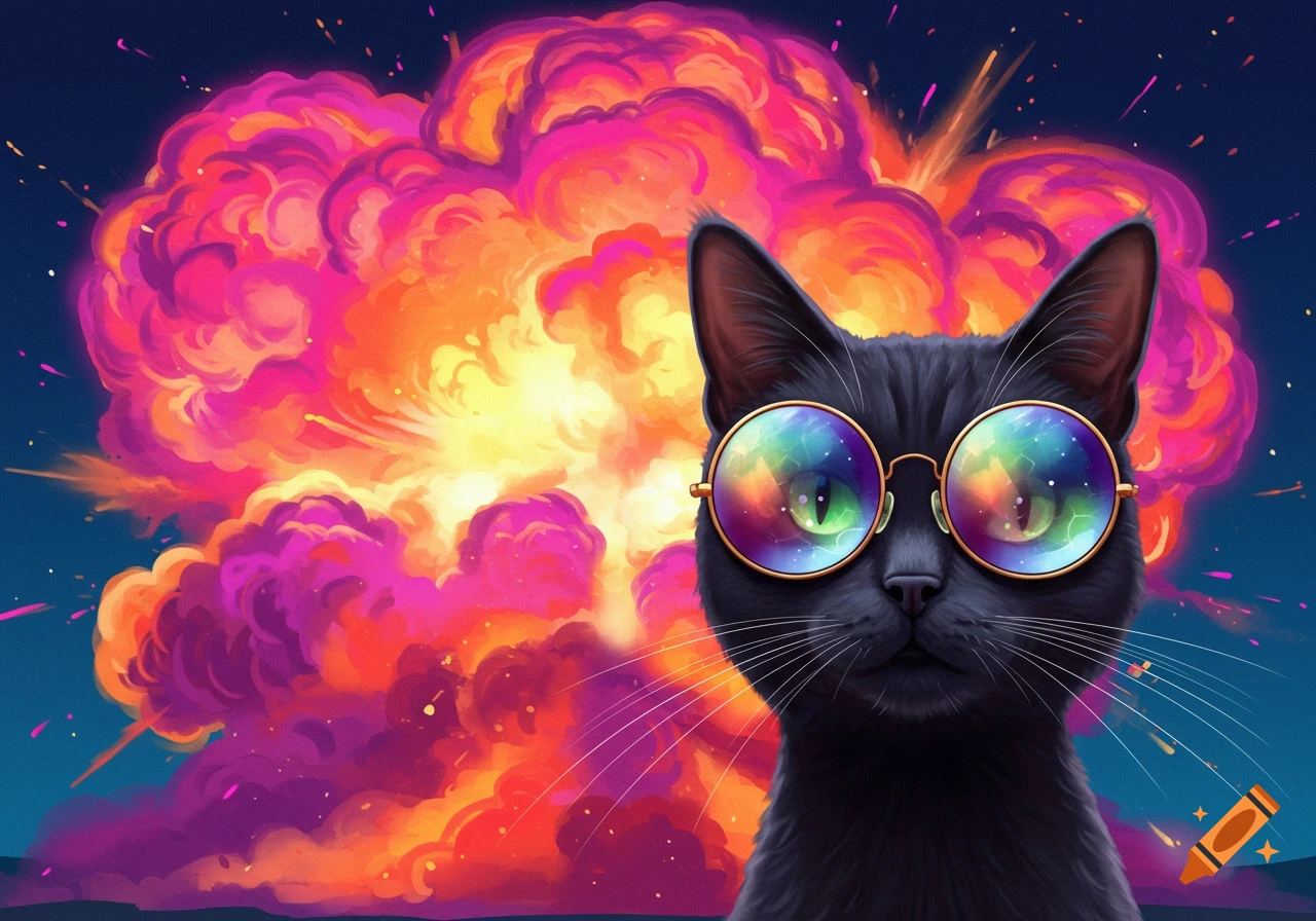 A cool black cat wearing round, colorful sunglasses in front of a vibrant, stylized explosion.