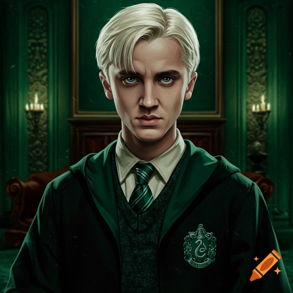A detailed illustration of a young man with white hair and piercing blue eyes, dressed in dark green robes with a serpent crest, staring intensely.