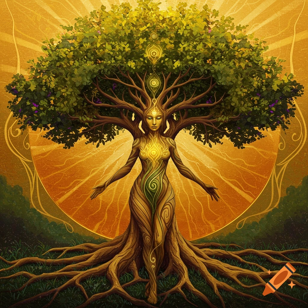 A stylized artistic image of a woman with a tree trunk body and branches for hair, radiating golden light against a vibrant background.