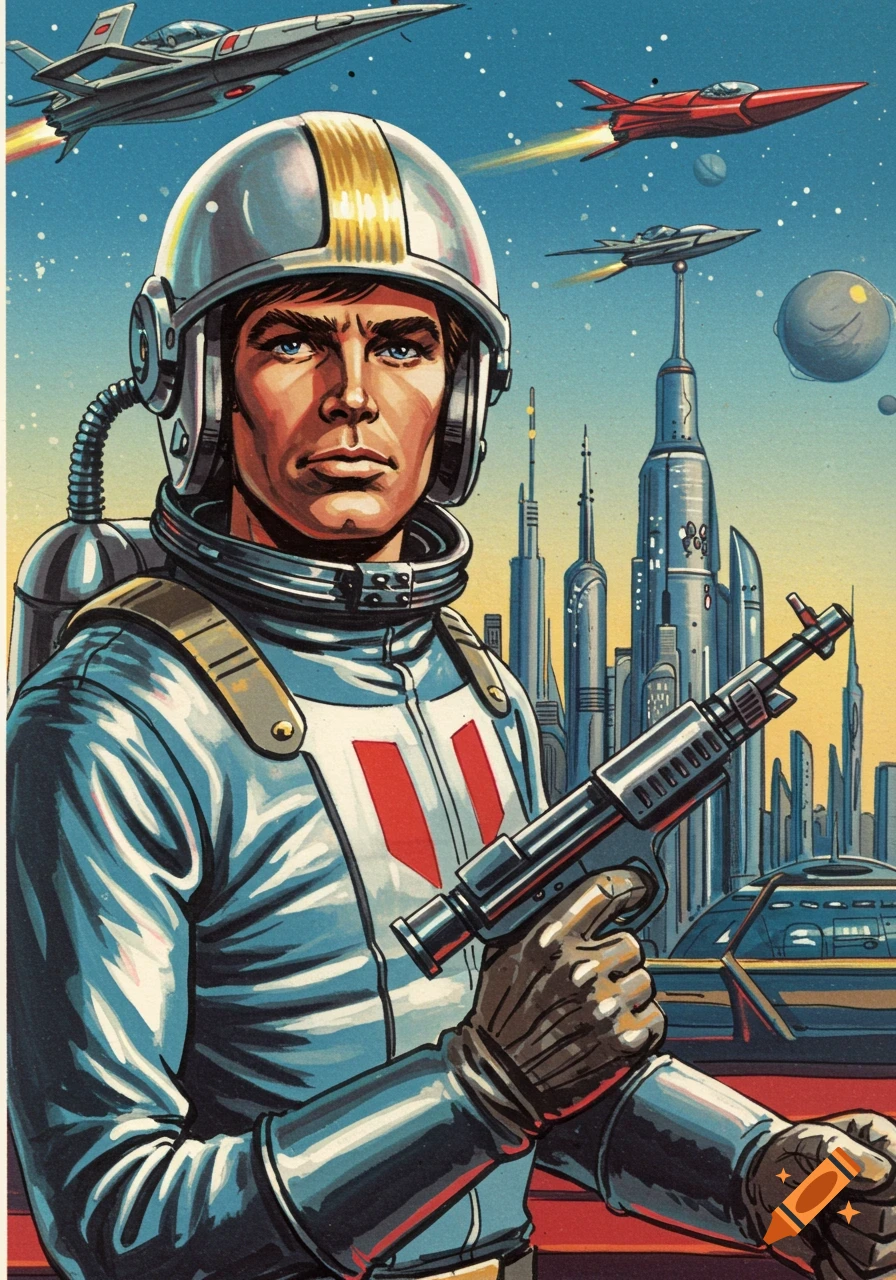 Retro-futuristic pulp art of an astronaut in a space suit holding a ray gun, with spaceships and a futuristic city in the background.