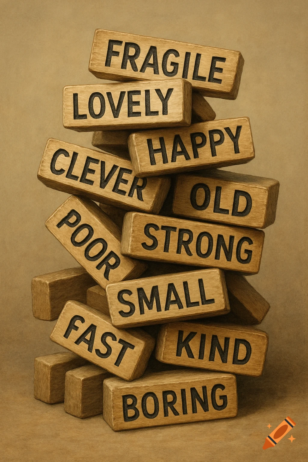 A stack of wooden blocks with adjectives like 'FRAGILE', 'LOVELY', and 'HAPPY' carved into them, against a brown background.