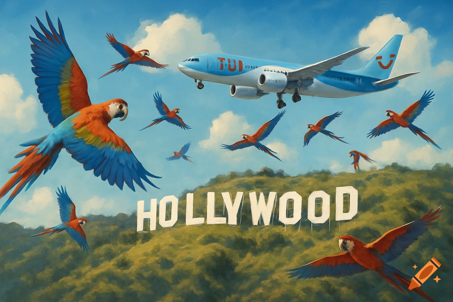 A painting of colorful macaws flying around the Hollywood sign with a TUI airplane flying overhead.