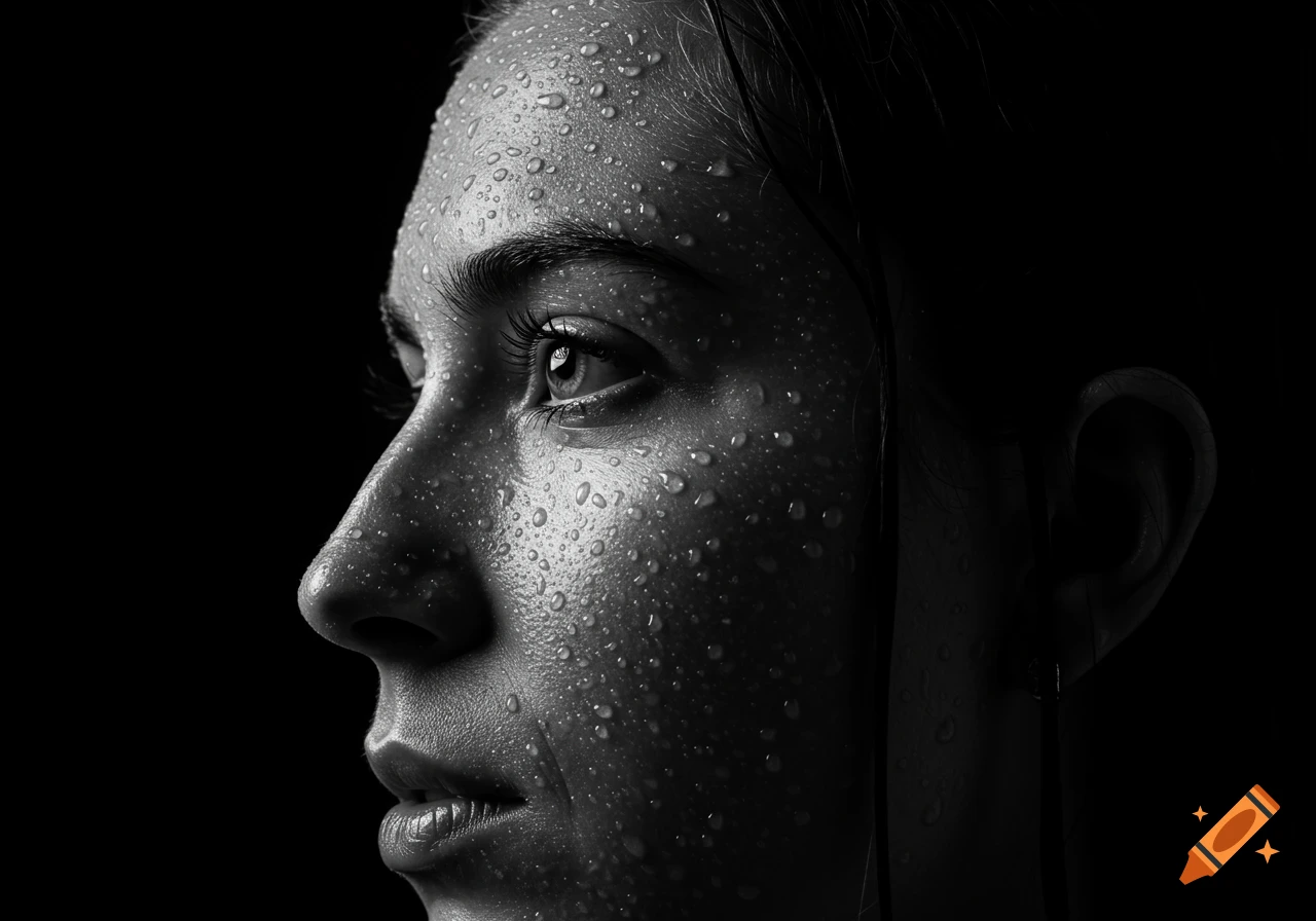 Close-up black and white profile portrait of a person's face covered in water droplets against a dark background.