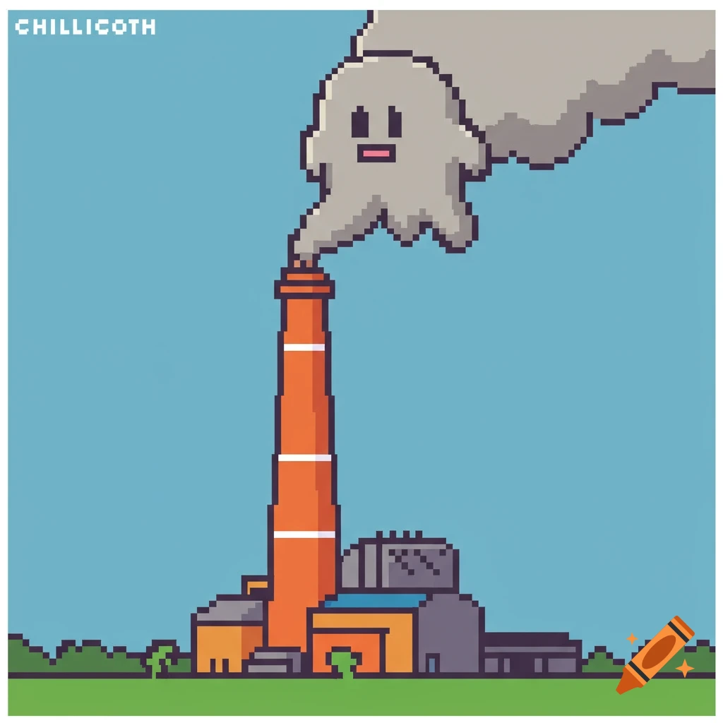 A pixel art illustration of a tall orange smokestack emitting gray smoke that forms a cute, pixelated ghost character against a blue sky.