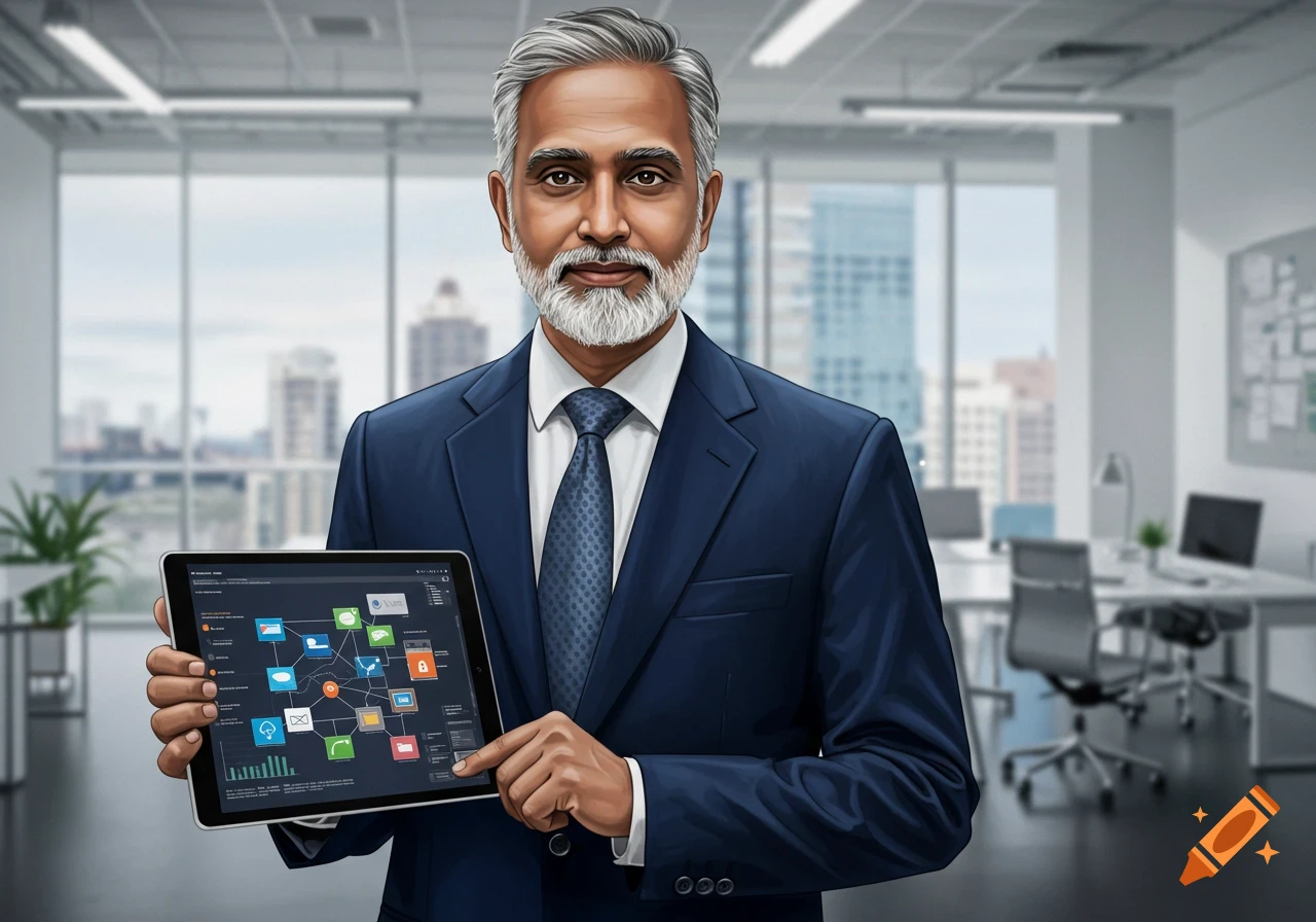 A smiling man with a beard and grey hair, wearing a blue suit, holds up a tablet showing a business process diagram in an office setting.