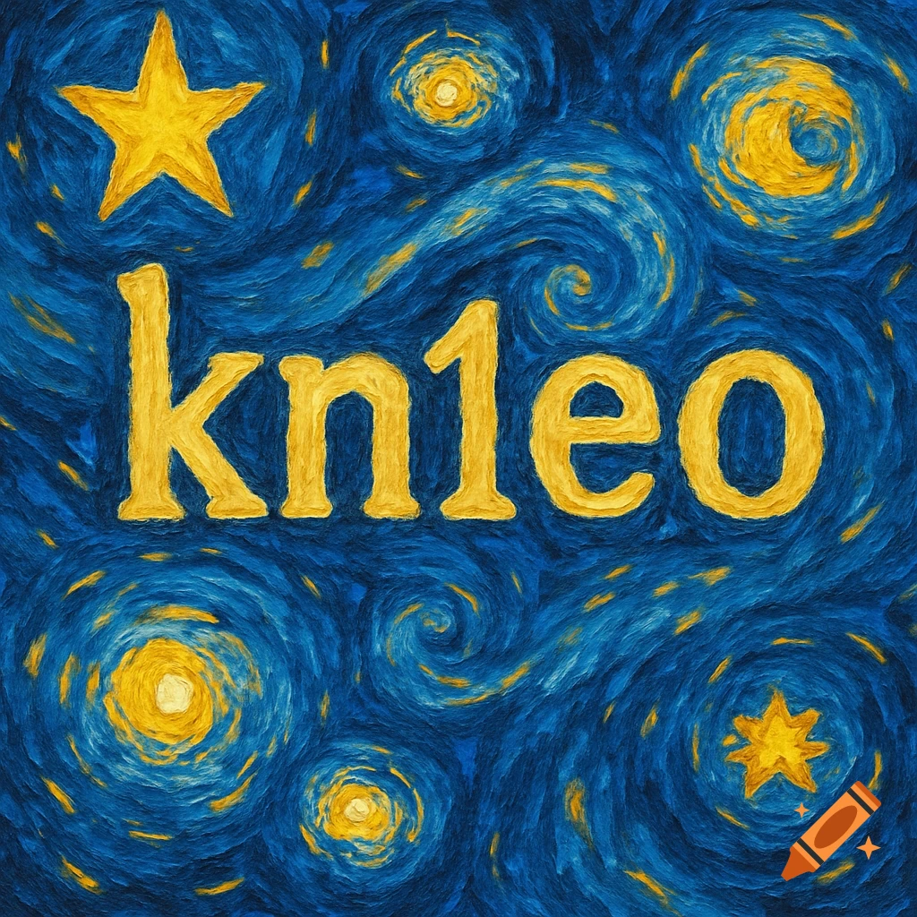 Yellow text 'kn1eo' on a blue, swirling background with yellow stars, in the style of Van Gogh's Starry Night.