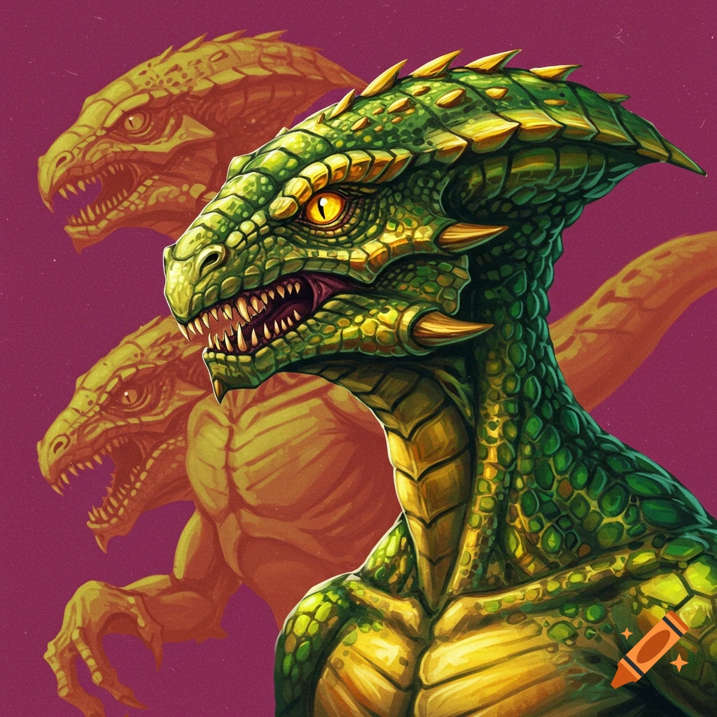 A vibrant green reptilian creature with sharp teeth and yellow eyes is depicted in profile, with two faded orange reptilian figures in the background.