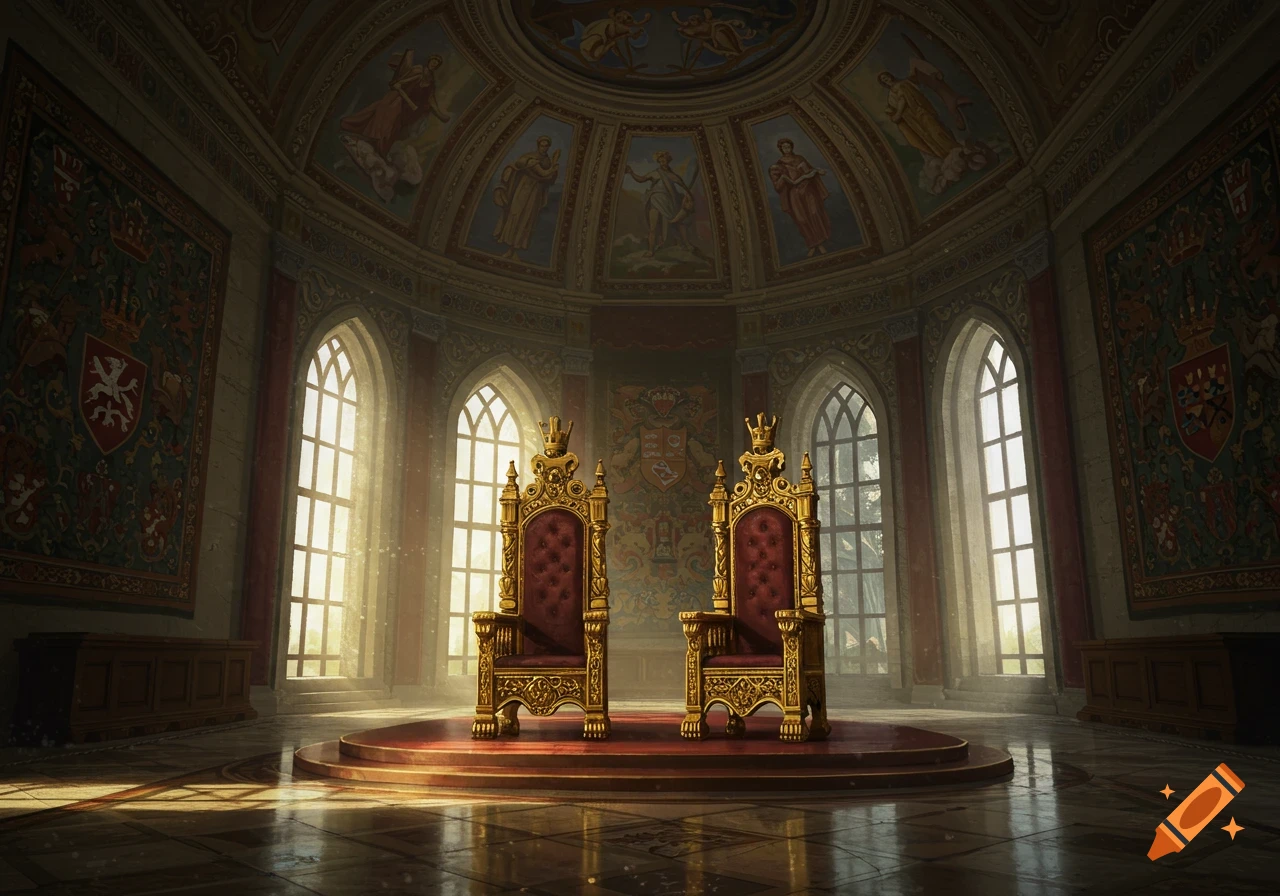 Two ornate golden thrones on a red dais in a grand, sunlit royal throne room with arched windows and detailed frescoes.