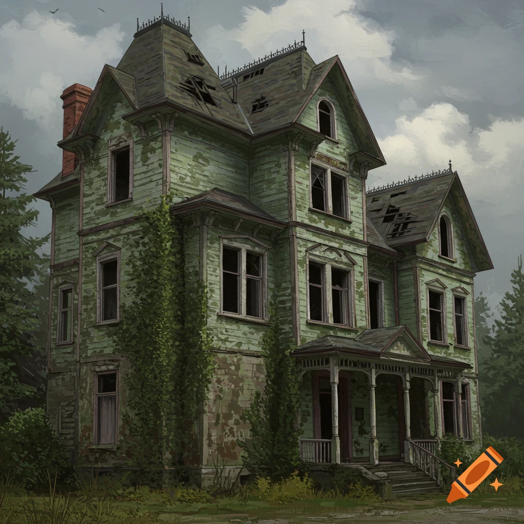 A detailed illustration of an abandoned, decaying Victorian house with peeling green paint and broken windows under a cloudy sky.