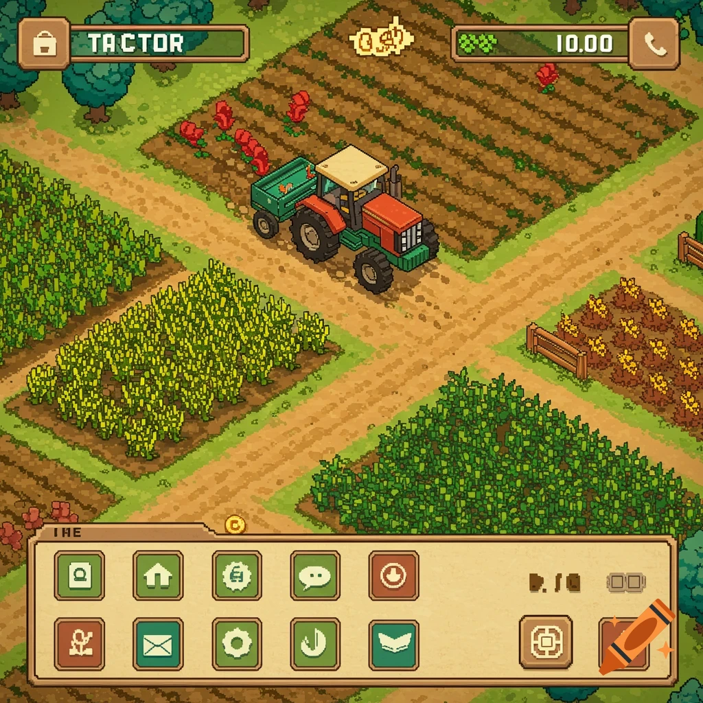 An isometric pixel art farm scene featuring a red and green tractor on a dirt path surrounded by fields of green crops and trees, with game UI elements at the top and bottom.