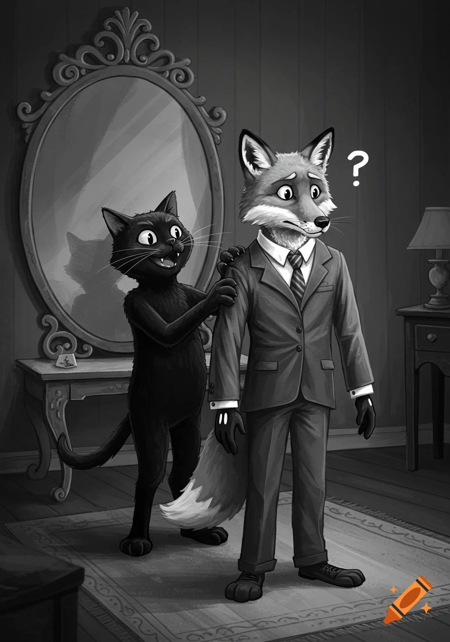 A black cat adjusts a suit on a fox standing in front of a mirror in a monochrome cartoon style.