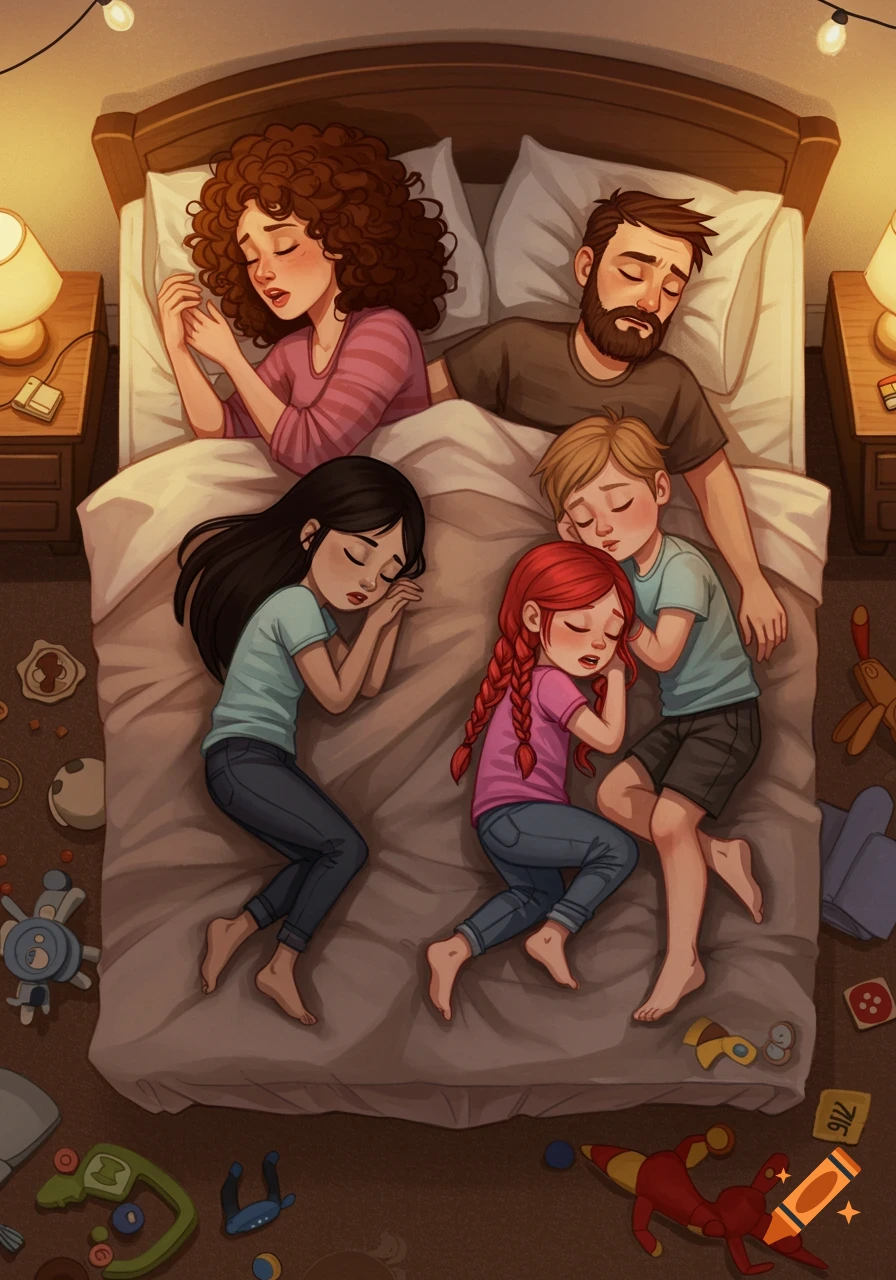 Illustrated overhead view of a family of five sleeping in a large bed, with parents at the top and three children below. Toys are scattered on the floor.