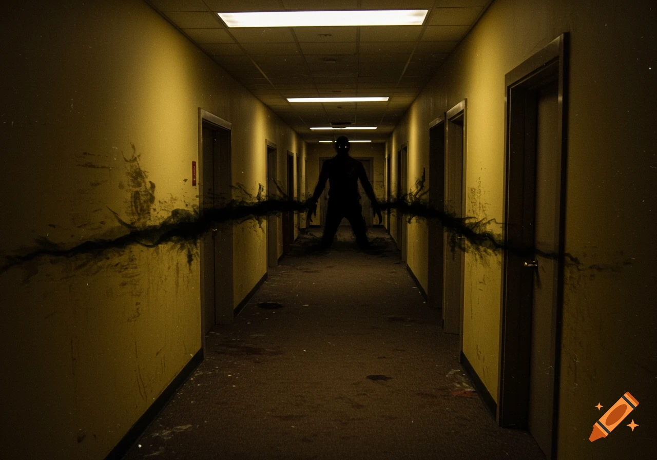 A dark, shadowy monster with glowing eyes stands in a creepy, yellow-walled hallway, emitting black tendrils in a grainy, horror style.