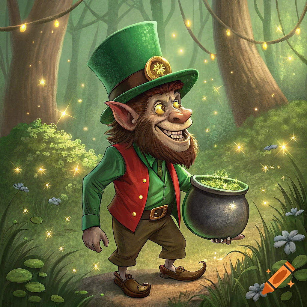 A cartoonish leprechaun in a green hat and red vest, holding a pot of gold, walks through an enchanted forest with sparkling lights.