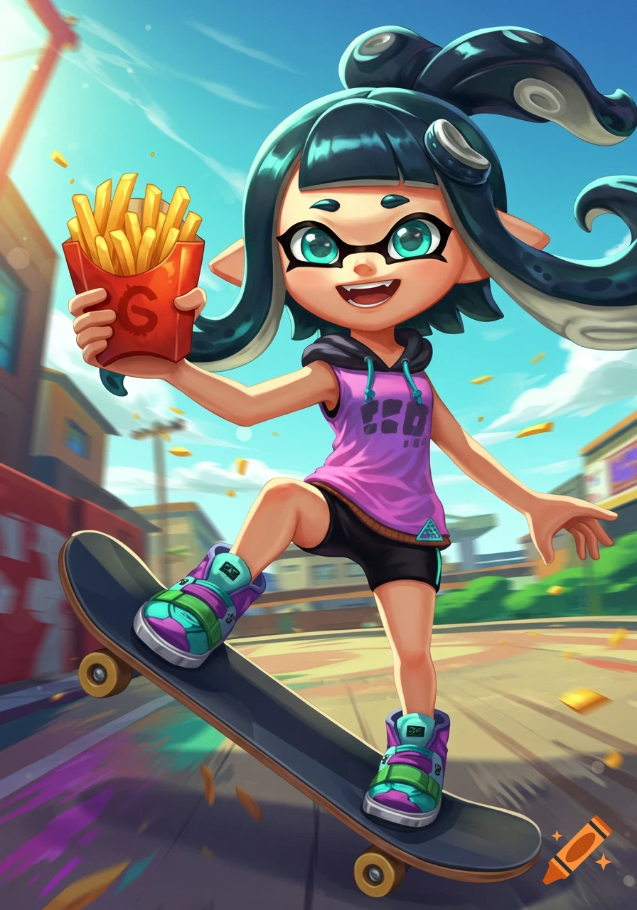 An anime-style Inkling girl on a skateboard, smiling and holding a red container of french fries with a stylized G logo. She wears a purple hoodie and colorful sneakers, with motion blur indicating movement.