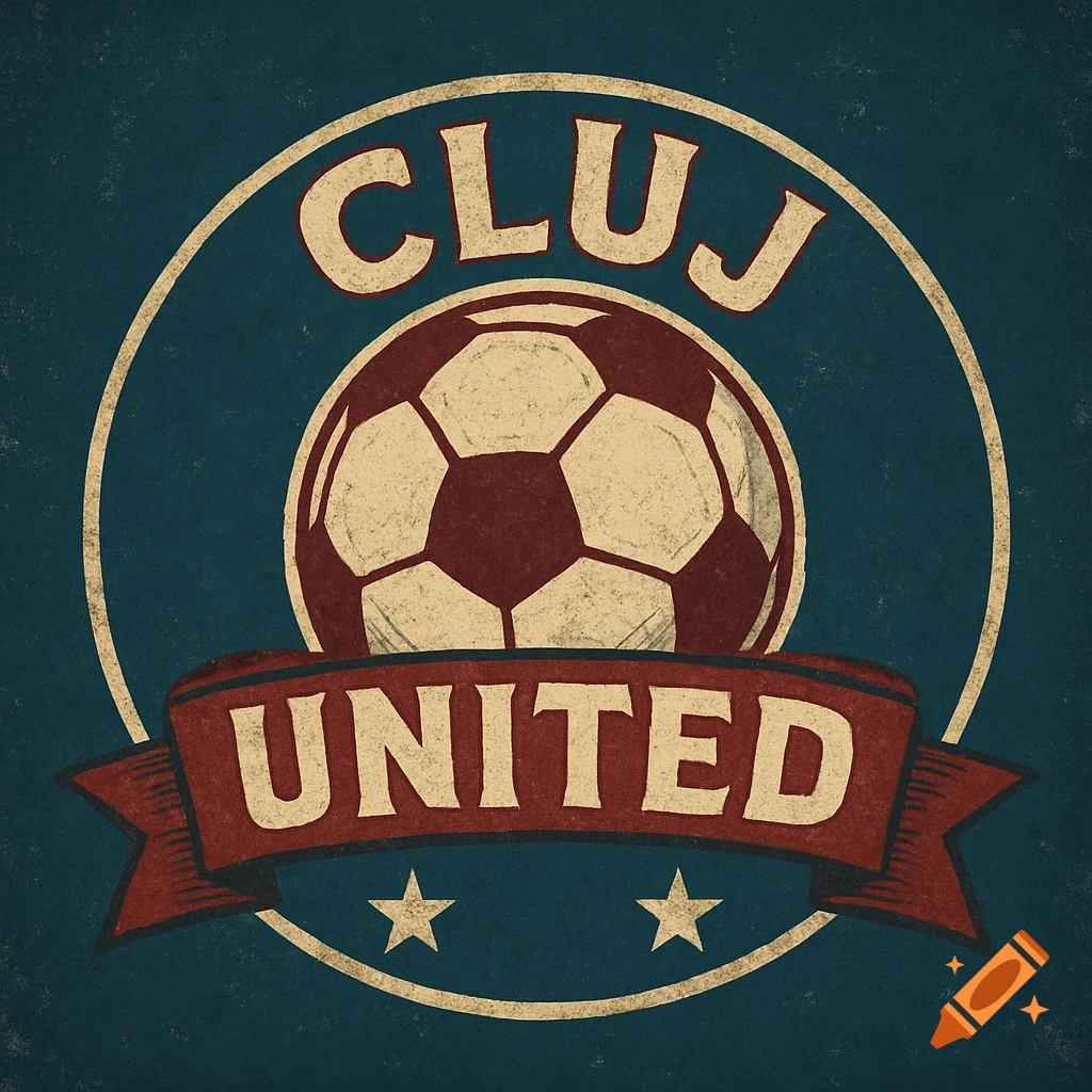 A vintage-style logo for "CLUJ UNITED" featuring a soccer ball within a circular frame and a banner, on a distressed blue background.