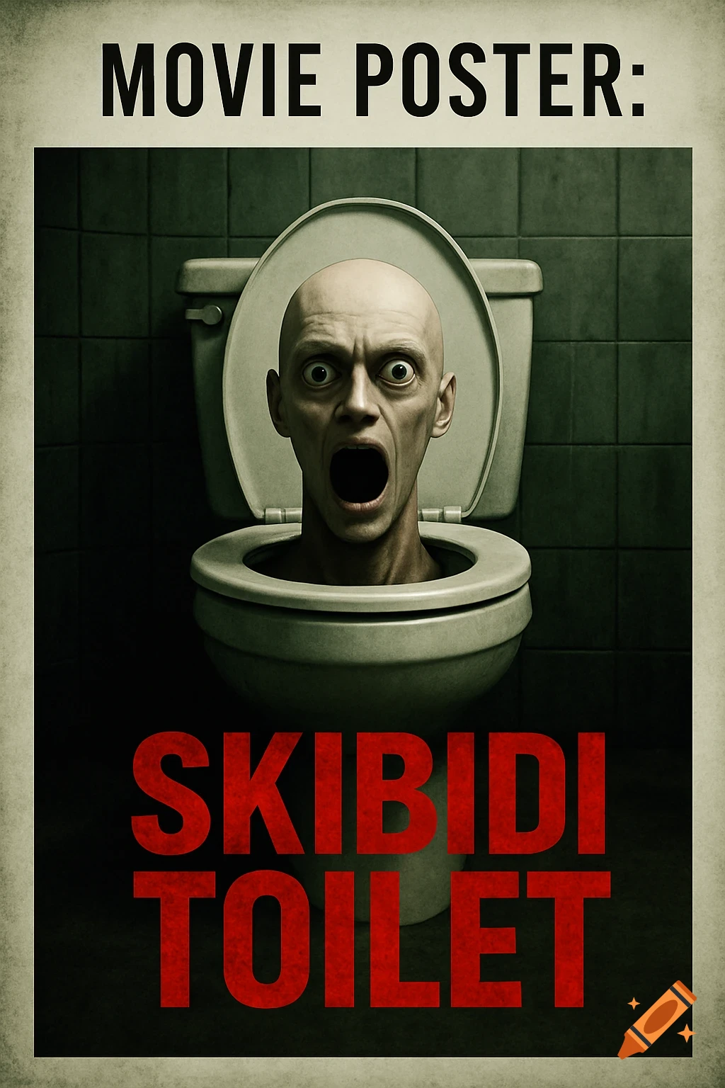 A horror movie poster features a bald, screaming head emerging from a toilet, with text 'MOVIE POSTER: SKIBIDI TOILET'.