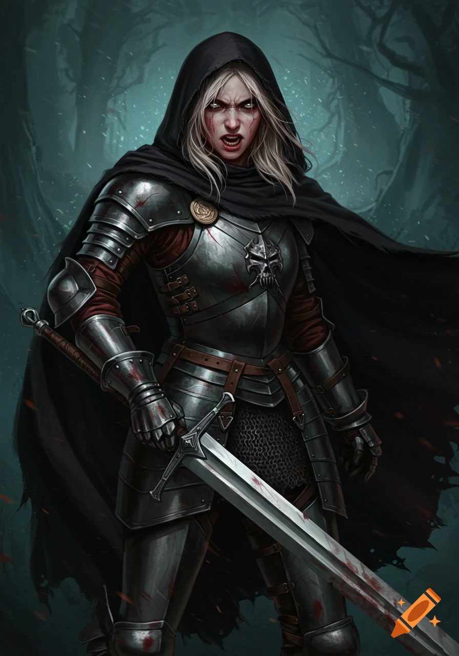 A fierce female knight in dark armor and hood, her face and sword splattered with blood, stands aggressively in a dark forest.